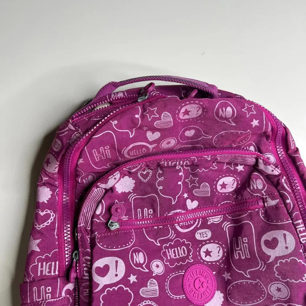 Kipling Backpack Pink Purple Print Girls School Bag Hello Hearts Stars Live.Ligh
